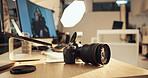 Backstage, tools or camera equipment closeup for creative photoshoot, recording or content capture. Filmmaking, studio and technology for professional photography, multimedia or magazine production