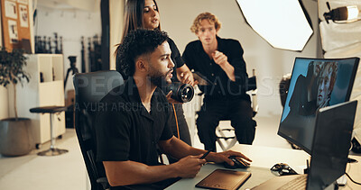 Buy stock photo Team, people and editing photography on computer with post production software. Retouching picture, design and creative art with collaboration for fashion magazine, discussion and planning in studio