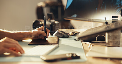 Buy stock photo Hands, man and graphic tablet for photography, drawing or editing image on computer keyboard. Creative art, studio and editor with pen closeup for design, retouching and post production in startup