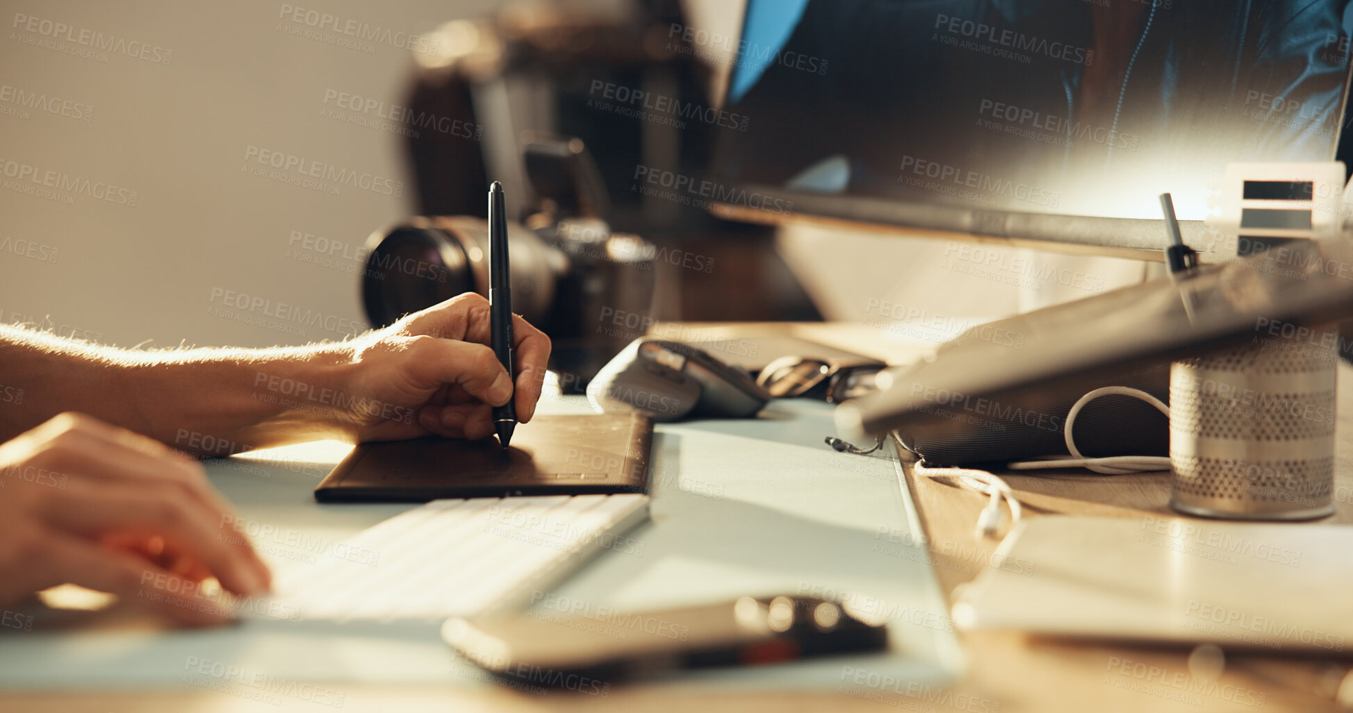 Buy stock photo Hands, man and graphic tablet for photography, drawing or editing image on computer keyboard. Creative art, studio and editor with pen closeup for design, retouching and post production in startup