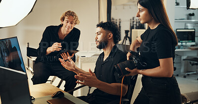 Buy stock photo People, backstage or planning for photography or teamwork for production results, talking or review. Staff, producer or computer to check for fashion photographer, magazine catalog or filming process