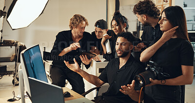 Buy stock photo People, photographer and review on studio computer for production results, talking and teamwork. Staff, photoshoot and tech to check for fashion photography, magazine catalog and filming process