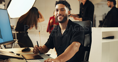 Buy stock photo Portrait, man and happy photography editor on computer in studio, backstage and post production. Art, retouching and creative worker, professional and person with pen for design on graphic tablet