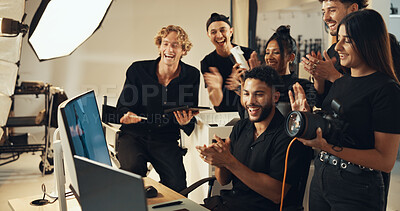 Buy stock photo Fashion, people or clapping for photography success for production results, project or review. Team, producer or computer to check for studio photographers, magazine catalog or filming achievement