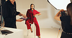 Photography, model and people in production, fashion and photoshoot for magazine, confident and creative. Backstage, art and group with project for media agency, camera or photographer with equipment