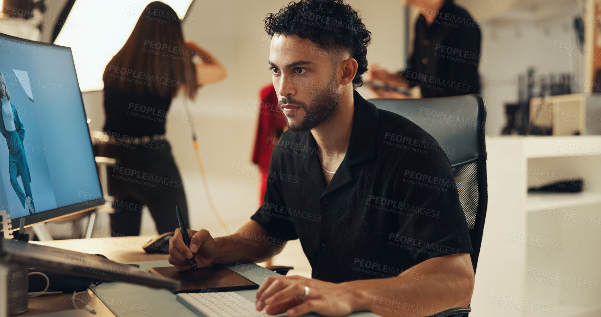 Buy stock photo Studio, man and picture editor on computer with post production software for fashion on graphic tablet. Retouching photography, design and creative art for drawing, editing media or serious backstage