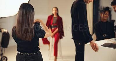 Buy stock photo Woman, photographer and camera of photoshoot in studio of photography, casting and behind the scenes. Director, fashion and teamwork of film production, capture image and catalog of creative industry