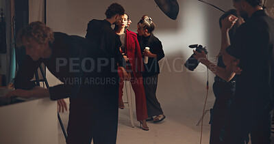 Buy stock photo Photoshoot, model and people on set, creative and picture for fashion magazine, artist or production. Photographer, studio and group with project for media agency, camera or equipment for photography