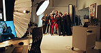 People, model and selfie for photography in studio, profile picture update and production process. Team, photoshoot and behind the scenes of peace sign, social media post and casting of collaboration