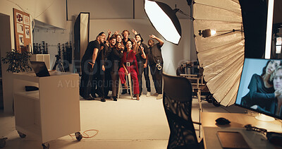 Buy stock photo People, model and selfie for photoshoot in studio, profile picture update and production process. Team, photography and behind the scenes of peace sign, social media post and casting of collaboration