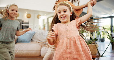 Buy stock photo Dancing, happy and mother with child in home for bonding, connection and fun on weekend together. Laughing, music and girl children spinning for groove with mom for family time in living room.