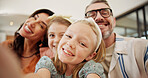 Selfie, smile and family on sofa in home for memory, bonding or social media post together. Goofy, photography and parents with girl children for silly profile picture in living room at house.