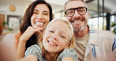 Buy stock photo Selfie, smile and family on sofa in home for memory, bonding or social media post together. Happy, photography and parents with cute girl child for sweet profile picture in living room at house.
