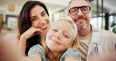 Buy stock photo Portrait, parents and child for selfie at house for photography, social media post and bonding in POV. Smile, family and girl with love for profile picture update, happy memory and growth development
