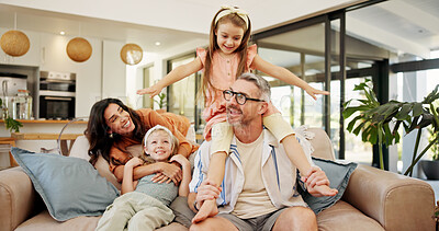 Buy stock photo Parents, kid and flying fun at house of airplane game, playful fantasy and energy for freedom. Smile, family and children on father shoulder of imagination travel, mother support and bonding together