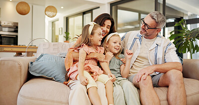Buy stock photo Smile, parents and children relax at house with love, communication and bonding together. Happy, family and kids resting with hug for playful games, security and weekend break for comfort in lounge