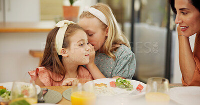Buy stock photo Children, food and girl with secret whisper at lunch for sibling gossip, confidential information and mother listening. Family, people and sister with private story in home for rumor and healthy meal