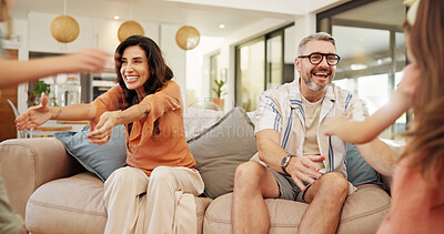 Buy stock photo Happy, parents and children run for greeting with energy, welcome home and love of bonding together. Smile, family and kids for playful games, excited hello and security for reunion comfort in lounge