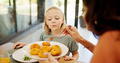 Buy stock photo Dish, food and parents with child in home for lunch, dinner and meal together for bonding. Family, happy and mother with girl at dining table for supper for wellness, healthy eating and nutrition
