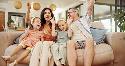 Buy stock photo Parents, children and relax with dancing on sofa for family entertainment, bonding together and connection. People, love relationship and singing in home for weekend break, fun activity and support