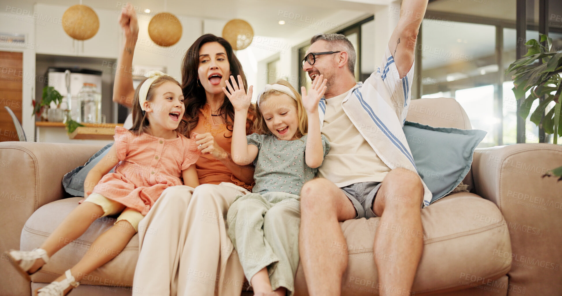 Buy stock photo Parents, children and relax with dancing on sofa for family entertainment, bonding together and connection. People, love relationship and singing in home for weekend break, fun activity and support