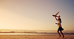 Girl, beach and playing with airplane toy for flying game, sunset activity or imagination travel on holiday. Mockup space, child or running at ocean with fantasy flight, vacation freedom or adventure