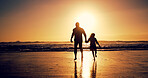 Ocean, sunset and father with girl, holiday hands and travel with happiness, bonding together and wellness. Nature, beach and family with parent, daughter and dad with summer holiday and vacation