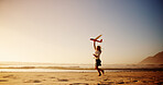 Kid, beach and playing with airplane toy for flying game, sunset fun and imagination trip on topical island. Mockup space, girl and running at ocean with fantasy flight, holiday freedom and adventure