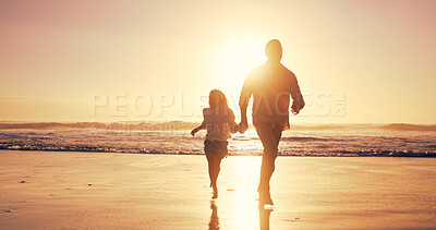 Buy stock photo Holding hands, sunset and dad with girl, beach and travel with happiness, bonding together and fun. Nature, seaside and family with parent, daughter and father with summer holiday, journey or running