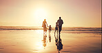 Sunset, family holding hands and running to ocean water for vacation, bonding and energy outdoor. Back, mother and father with kids at beach with mockup space for travel or play game with parents