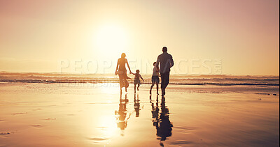 Buy stock photo Sunset, family holding hands and running to ocean water for vacation, bonding and energy outdoor. Back, mother and father with kids at beach with mockup space for travel or play game with parents