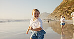 Happy, family and child with running at beach for travel adventure, holiday freedom and playing by seaside. Space, girl kid and fun activity on weekend vacation with race game, smile and summer break