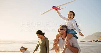 Buy stock photo Parents, airplane or happy kids at beach for playing, holiday or travel with love, girls or family. Piggyback, mom or dad with children at sea on vacation together for games, bonding or flying toys