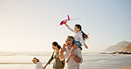 Parents, piggyback or kids at beach for flying, holiday or playing with love, girls or family. Mockup space, mom or dad with children at sea on vacation together for games, bonding or airplane toys