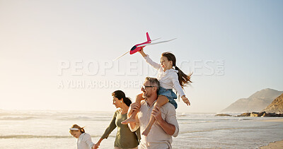 Buy stock photo Parents, piggyback or kids at beach for flying, holiday or playing with love, girls or family. Mockup space, mom or dad with children at sea on vacation together for games, bonding or airplane toys