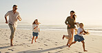 Family, children and running on beach together on holiday or vacation for bonding fun. Man, woman and daughter on sand for race, chase or excited at ocean for travel and adventure or wellness