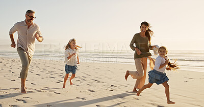 Buy stock photo Family, children and running on beach together on holiday or vacation for bonding fun. Man, woman and daughter on sand for race, chase or excited at ocean for travel and adventure or wellness