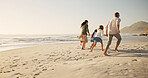 Running, family and holding hands at beach for vacation, mockup space or back outdoor with energy. Race, mother and father with children at ocean for travel, summer adventure or playing with parents
