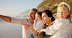Dad, mom or children at beach for view, holiday or travel in Australia with siblings, girls or family. Parents, mother or father with kids at sea on vacation together for tourism, bonding or pointing