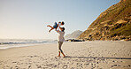 Dad, child and playing with flying at beach for airplane game, holiday freedom and imagination travel. Adventure, family and people with fun activity by ocean for connection, relationship and support