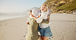 Children, smile and hug mom at beach with father, excited or bonding with love on vacation in summer. People, parents and kids on holiday, family and playful with embrace, care or happy by sea
