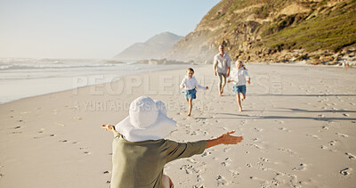 Buy stock photo Kids, parents or running at beach for hug, holiday or travel in Australia with siblings, girls or family. Love, mom or dad with children at sea on vacation together for tourism, bonding or affection