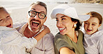 Kids, parents or happy family at beach for selfie, holiday or travel in Bali with siblings, girls or smile. Picture, mom or dad with children at sea on vacation together for travel, bonding or memory