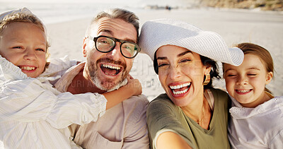 Buy stock photo Children, parents or happy family at sea for selfie, holiday or travel in Bali with siblings, girls or smile. Picture, mom or dad with kids at beach on vacation together for love, bonding or memory