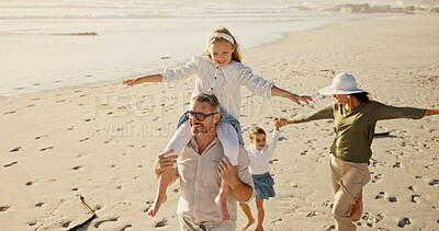 Buy stock photo Family, holiday or walking at beach for balance, piggyback or travel in Australia with siblings, girls or love. Above, mom or dad with children at sea on fun vacation for playing, bonding or games