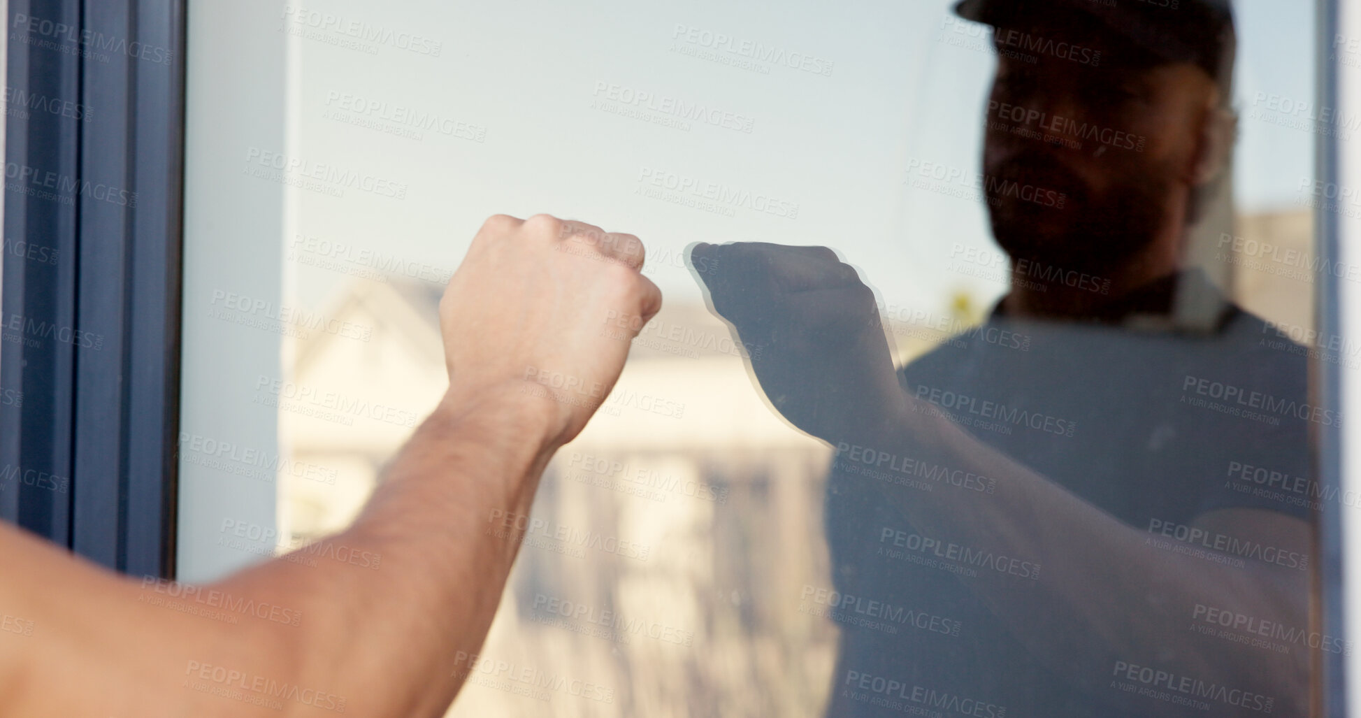 Buy stock photo Hand, man and knocking on door of house for entrance, arrival alert and respect of visit homeowner. Guest, glass and reflection with announcement, show manners and attention for welcome permission