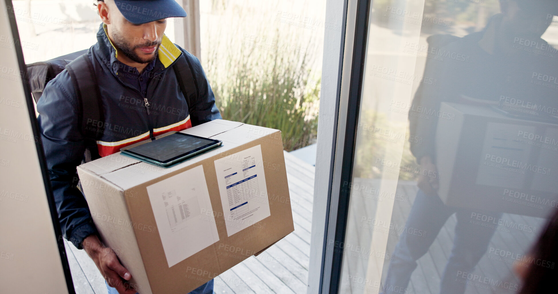 Buy stock photo Delivery man, box and person at door with tablet for shipping, courier service and online shopping. Ecommerce, tech and customer in home with package, parcel invoice and digital receipt at doorway