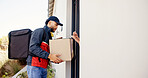 Delivery man, box and person at door sign for shipping, courier service and online shopping. Ecommerce, supply chain and customer with signature for package, parcel invoice and cargo receipt in home