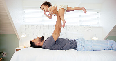 Buy stock photo Bedroom, airplane and father with baby, playing and bonding together with happiness. Home, parent and dad with kid, break and fun with smile, lifting game and relationship with support, love and care