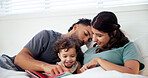 Reading, book and parents with toddler in bed at home together for bonding in morning on weekend. Happy, love and girl baby relaxing with mother and father for storytelling in bedroom at house.